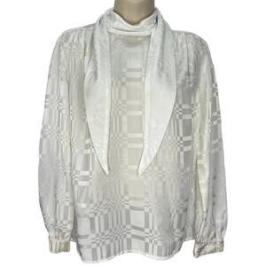 Vintage Joanna White Shiny Secretary Blouse Scarf Long Sleeve Size M Checkered